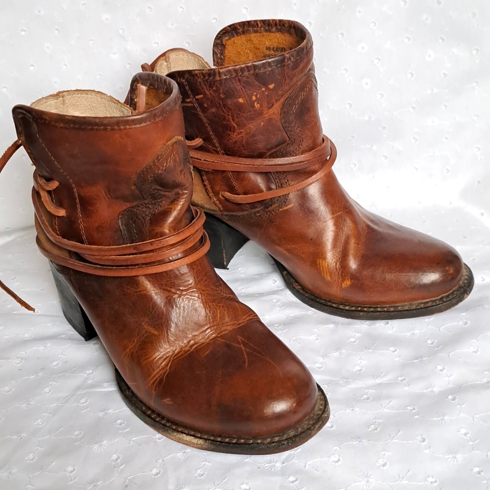 Freebird by Steven Casey Brown Distressed Leather Ankle Strappy Boots